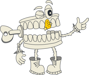 Walking teeth with eyes and hands looking to the right